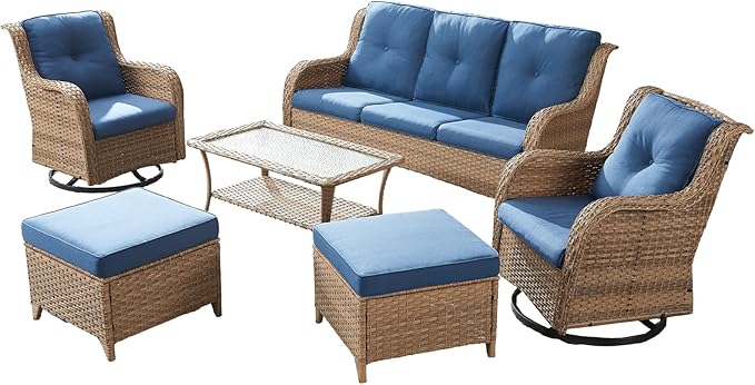 Wicker Outdoor Conversation Set-6 Pieces Outdoor Wicker High Back Couch with Swivel Rocker Chairs Patio Furniture for Deck Poolside Backyard-Yellow/Blue