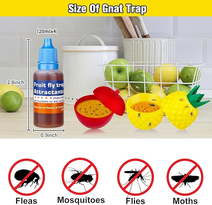 Fruit Fly Trap Refill Liquid Only, 0.68oz/ Bottle, Safe Bait, Ready-to-Use Gnats Killer Indoor Trap, Effective Lure Refill Gnat Catcher for Home Kitchen (4 Pack)