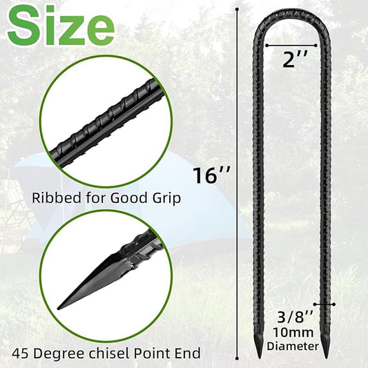 Black Trampoline Stakes Anchors High Wind 16inx10mm Galvanized U Hook 4pcs Rebar Stakes – Heavy Duty Ground Anchors for Trampoline,Yard & Inflatable,Landscape Metal Stakes for Outdoor Decorations