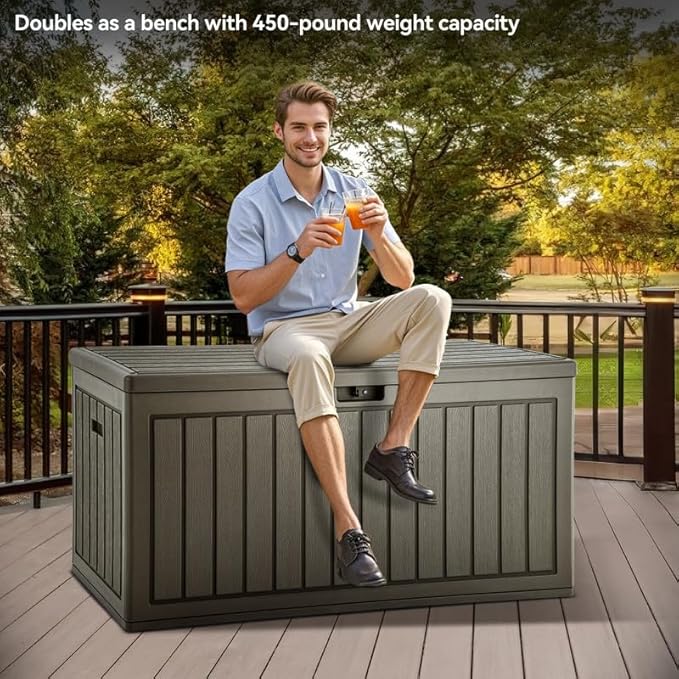 YITAHOME 90 Gallon Large Deck Box, Double-Wall Resin Outdoor Storage Boxes, Deck Storage for Patio Furniture, Cushions, Pool Float, Garden Tools, Lockable & Waterproof (Light Brown)
