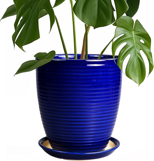 Round Ceramic Planter - Modern 8 Inch Plant Pot with Drainage Hole and Tray for Flower Indoor Outdoor Garden Decor Blue