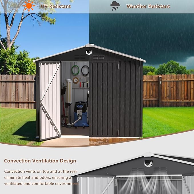 8x6 FT Outdoor Storage Shed, Metal Garden Shed - Tool Storage Sheds with Lockable Doors & 1 Clear Window, Waterproof Outside Storage Building for Backyard, Patio (Black; Floor Not Included)
