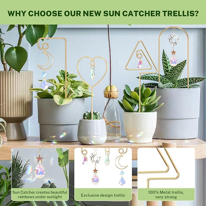 Small Trellis for Potted Plants Indoor with Colorful Crystal Sun Catcher, 14.17 Inch Metal Plant Lattice for Mini Potted Plant Decoration for Home Window Garden 4 Pack