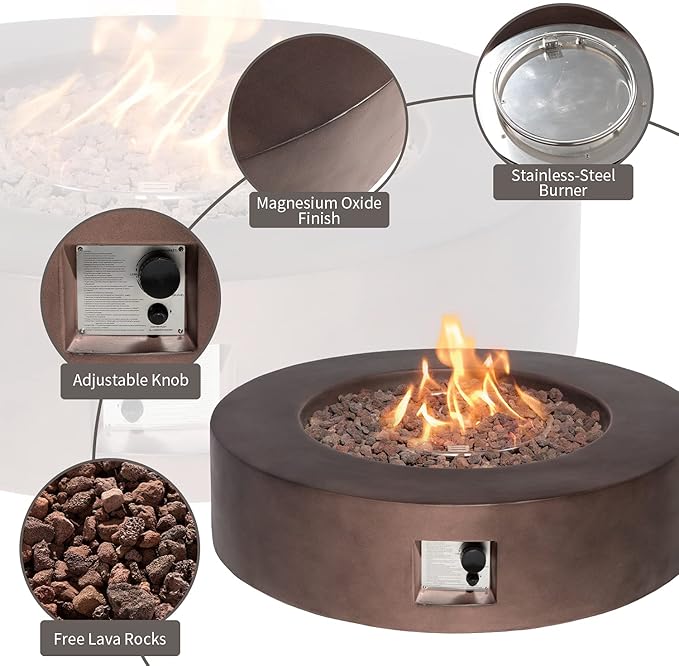 SUNBURY Outdoor 42-Inch Propane Fire Pit,CSA Certified,Dark Brown Concrete Patio Fire Table 50,000 BTU w Waterproof Cover, Lava Rocks