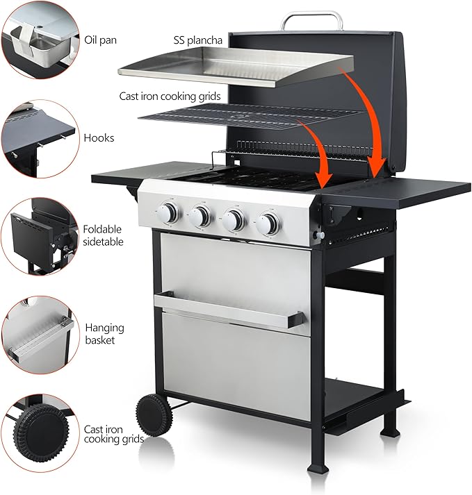 4-Burner Flat Top Propane Gas Grill Stainless Steel Griddle Combo with Foldable Side Table, 49,200 BTU Outdoor BBQ Grill, Porcelain-Enameled Cast Iron Grids, for Backyard, Patio Cooking