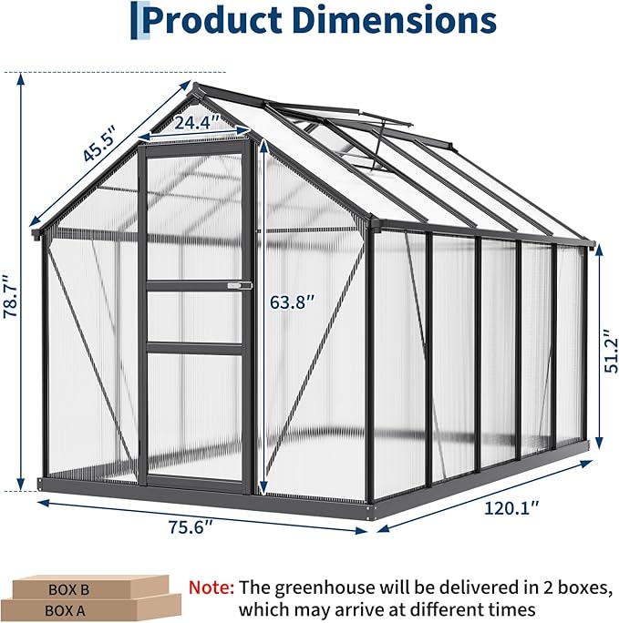 Greenhouses, 6x10 FT Greenhouse for Outdoors, Polycarbonate Greenhouse with Roof Vent, Ground Nails, Lockable Hinged Door, Aluminum Large Walk-in Green House for Outside Garden Backyard, Patio, Lawn