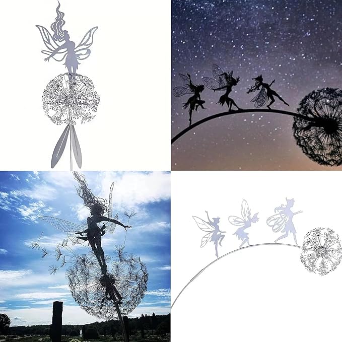 Flower Fairy Dancing with Dandelion, Art Sculpture Fairies for Fairy Garden, Angel Metal Ornaments Gardens Art Sculpture, Outdoor Decorations for The Courtyard, Christmas and Halloween Lawn (E)