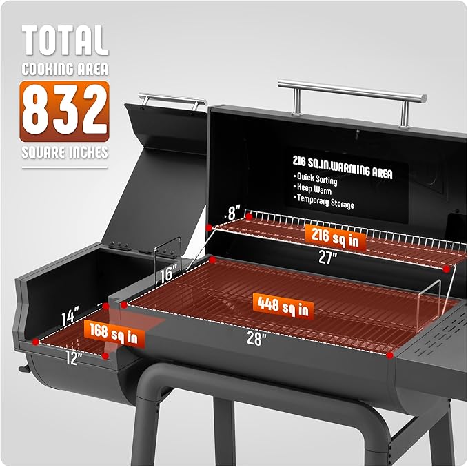 30'' Outdoor Charcoal Grills with Cover, BBQ Grill with Offset Smoker and Side Table, 832 Sq. In. Heavy-Duty for Outdoor Backyard, Patio and Parties, Black
