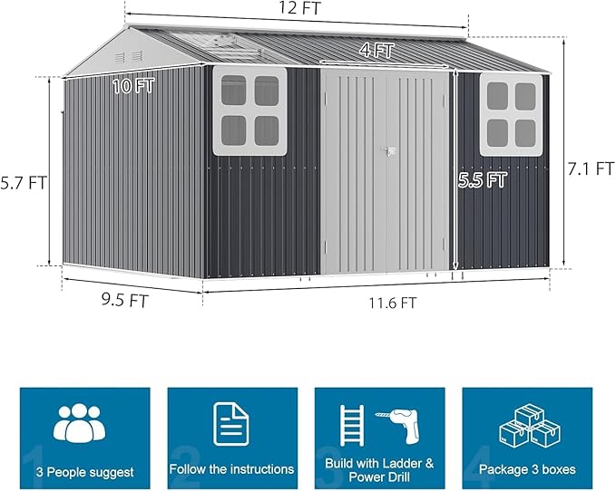 Restland 12x10 FT Metal Storage Shed with Floor Base Frame Reinforced Outdoor Shed with Clear Roof, Air Vent & Lockable Door Large Garden Tool Storage Sheds for Backyard, Garden, Lawn