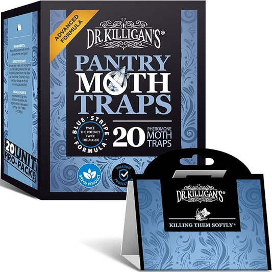 Dr. Killigan's Premium Double Potent Pantry Moth Traps with Pheromones Prime, Sticky Indian Meal Moth Traps for House, How to Get Rid of Moths in House, Organic Moth Pheromone Traps (20 Pack, Blue)