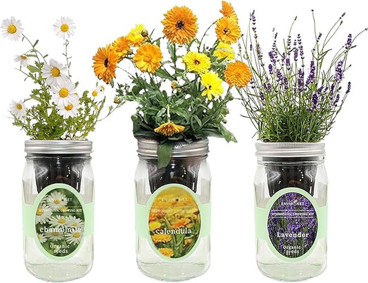 Hydroponic Herb Growing Kit Set, Self-Watering Mason Jar Herb Garden Starter Kit Indoor, Grow Your Own Herbs from Seeds (Calendula, Chamomile & Lavender)