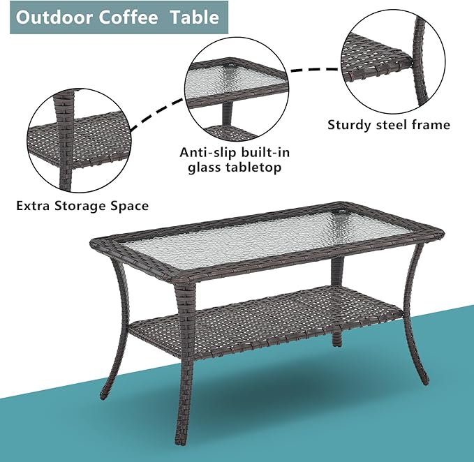 Wicker Outdoor Patio Furniture Set - 8 Piece Patio Conversation Sets with Swivel Rocker Chairs, Ottomans, Sofa and Table, 6 inch Cushions, Deep Seating, for Porch Deck Brown/Blue