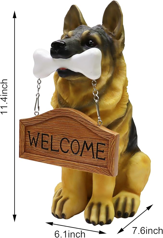 Nature's Mark German Sheperd Dog Puppy Statue with Reversible Welcome Sign and Go Away Sign Resin Garden Decor 12" H