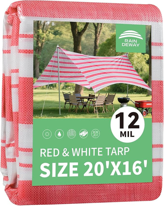 RAINDEWAY Tarps 16x20 Feet,12 Mil Sunshade Striped Tarp Waterproof,Multipurpose Poly Tarp Cover with Grommets and Reinforced Edges,Red/White Tarps