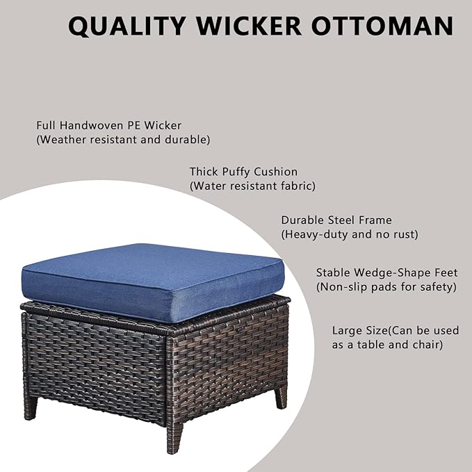 Wicker Outdoor Patio Furniture Set - 7 Piece Patio Conversation Sets with Swivel Rocker Chairs, Ottomans and Sofa, 6 inch Cushions, Waterproof Wicker, for Porch Deck Brown/Blue