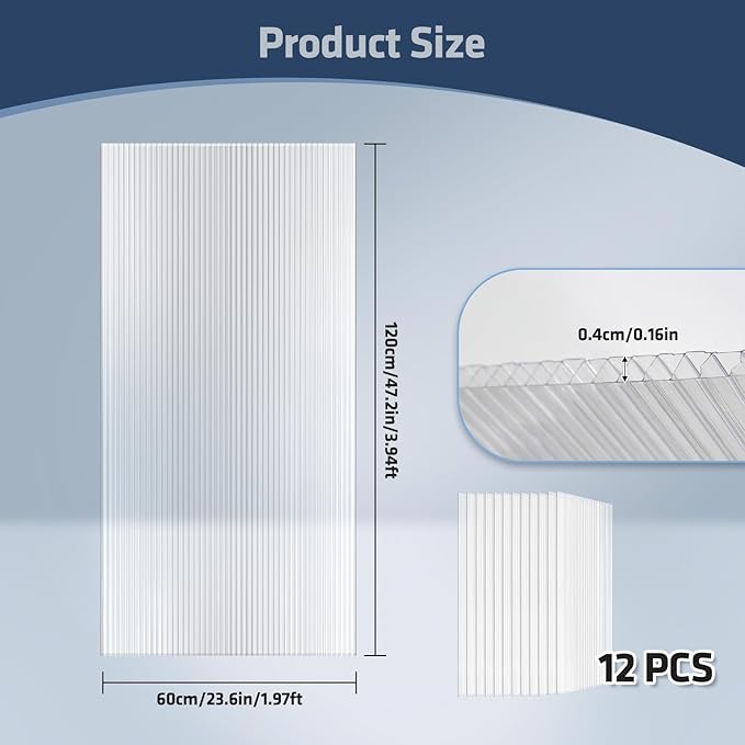 UMIG 12 PCS 4' x 2' x 0.16'' Polycarbonate Greenhouse Panels, Twin-Wall Waterproof UV Protected Corrugated Plastic Roof Panels Sheets, Clear Replacement Panels for Greenhouse, Outdoor, Plant