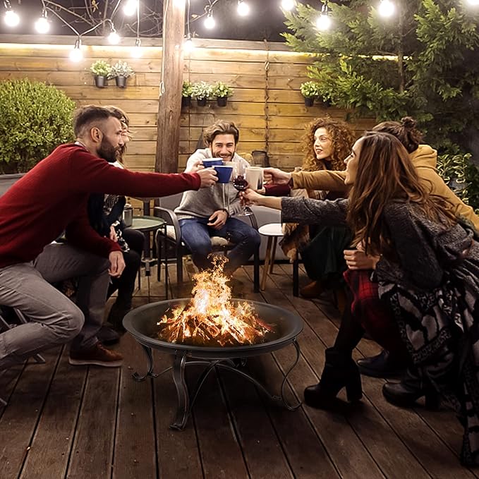 SINGLYFIRE 29 inch Fire Pits for Outside Firepit Outdoor Wood Burning Bonfire Pit Steel Firepit Bowl for Patio Backyard Camping,with Ash Plate,Spark Screen,Log Grate,Poker, bronze