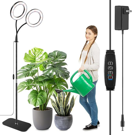 Full Spectrum Grow Light with Stand for Indoor Plants, Floor Plant Light, 3/9/12H Timer, 3 Color Modes, Adjustable Height 16.5–67in, for Large Plants & Home Décor(2 Heads)