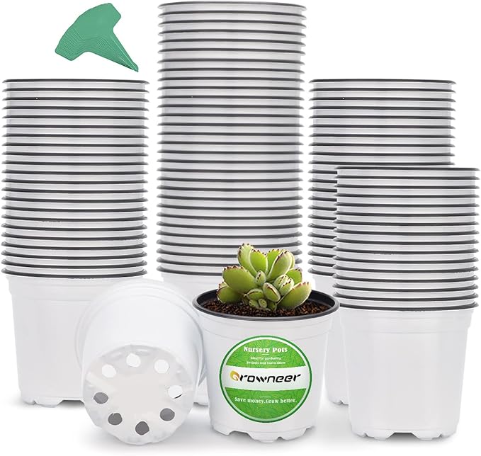GROWNEER 120 Pack 4 Inch White Nursery Pots with Drainage Holes and 15 Plant Labels, Thick Plastic Seed Starter Kit for Indoor Outdoor Flower Planting and Garden Transplanting Seedling Planter
