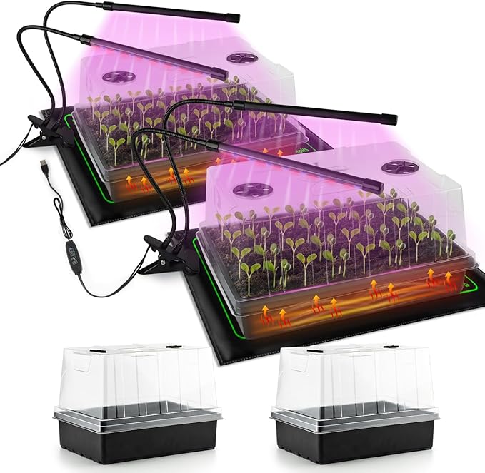 4-Pack Seed Starter Kit with Adjustable Grow Lights & 2 Heat Mats – 5'' Humidity Domes for Indoor Plants, Vegetables, Seedlings, Full Spectrum 20W, 4000K LED Light and Germination Tray with Vents