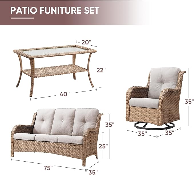 4 Piece Patio Furniture-All-Weather PE Wicker Outdoor Patio Furniture with Swivel Rocker Chairs,Outdoor Couch, Set with Coffee Table