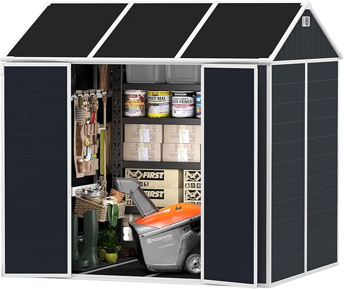 Outdoor Storage Shed 8x7 FT, Resin Shed with Floor & Window, Lockable Door, Vents, Outside Sheds & Garden Shed for Patio Furniture, Gardening Tools, Pool Equipment (Dark Gray, 8 * 7ft)