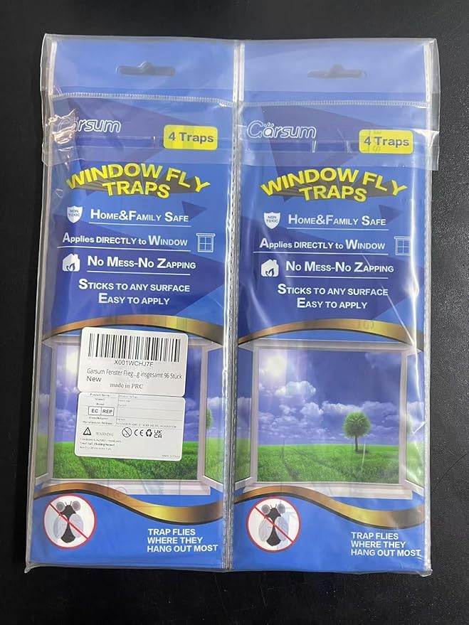 Garsum Window Fly Traps Indoor, 96 Pieces Fly Paper Bug Sticky Strips, House Fly Killer Window Decal Non-Toxic,4 Pcs per Pack Total