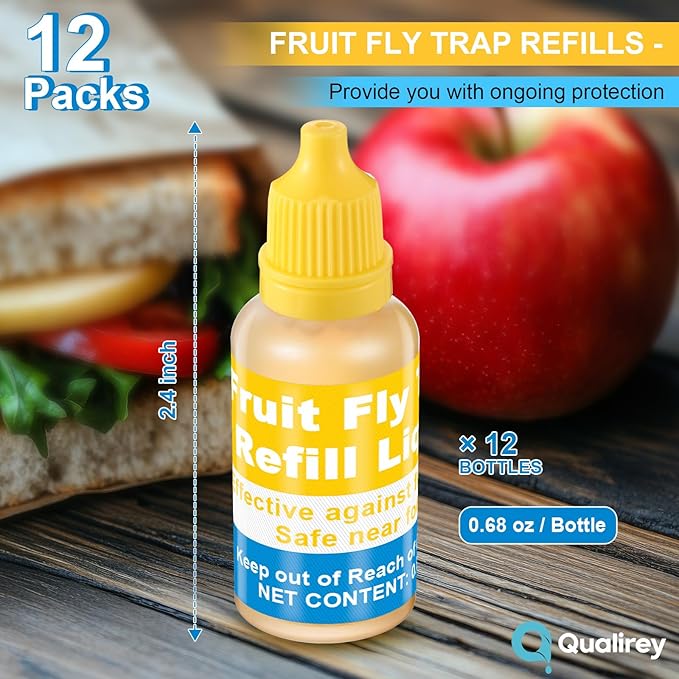 Qualirey Fruit Fly Trap for Indoor and Kitchen Use, 0.68 oz Each Bottle Fruit Fly Trap Refill Liquid, Ready to Use, Safe Near Food, Efficient Lure Refill Liquid, Yellow(12 Pack)