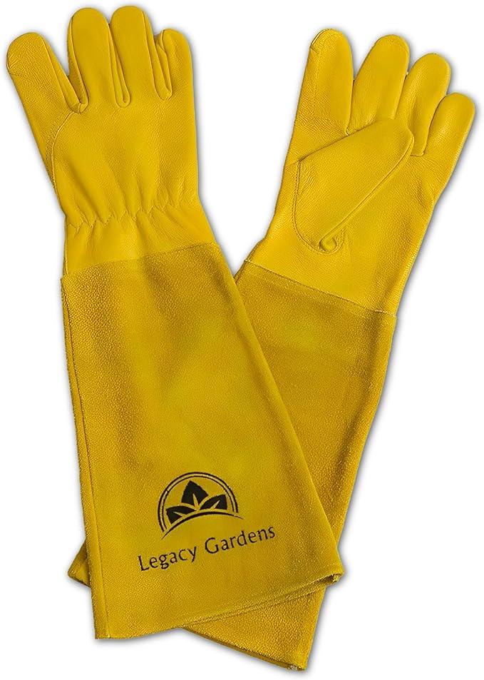 Leather Gardening Gloves for Women & Men, Long Garden Gloves, Cowhide Gauntlet Rose Pruning Thorn Resistant, Forearm Protection, Large, yellow