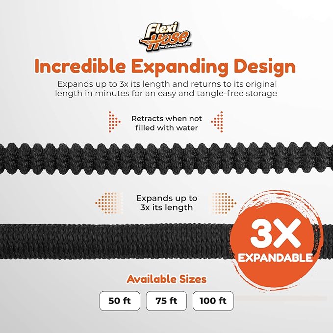 Flexi Hose Lightweight Expandable Garden Hose, No-Kink Flexibility, 3/4 Inch Solid Brass Fittings and Double Latex Core (25ft, Black)