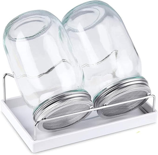 Sprouting Jar Kit-2 Wide Mouth Quart Mason Jars with 316 Stainless Steel Screen Sprout Lids, Drip Tray, Stand | Seed Sprouter Set for Growing Broccoli, Alfalfa, Mung Bean