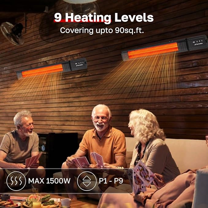 ThermoMate Infared Patio Heater for Outdoor, Electric 1500W IP65 Waterproof with Remote, 9 Heating Levels & 24H Timer for Restaurant Backyard, Plug-in 120V Black