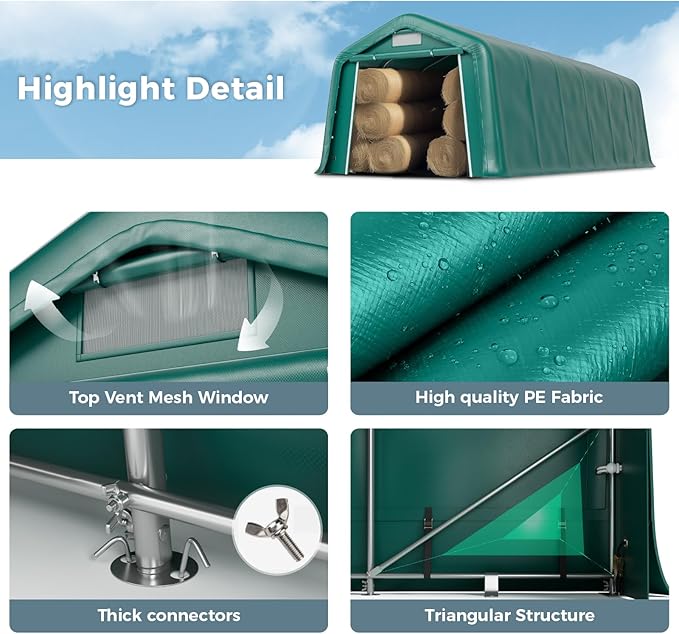 GREEN PARTY 11' x 24' Heavy Duty Carport, Portable Storage Shelter Shed Outdoor Carport with Roll-up Zipper Door & Vents, Storage Car Canopy Car Tent Garage for SUV, Truck and Boat, 200g PE Cover