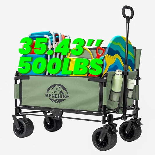 3-in-1 Large Collapsible Folding Wagon, BENEHIKE Foldable Beach Wagon with Rotated Wheels, 500lbs/225L Outdoor Utility Wagon Convert to Bench for Sand, Groceries, Camping, Sports, Shopping (Green)