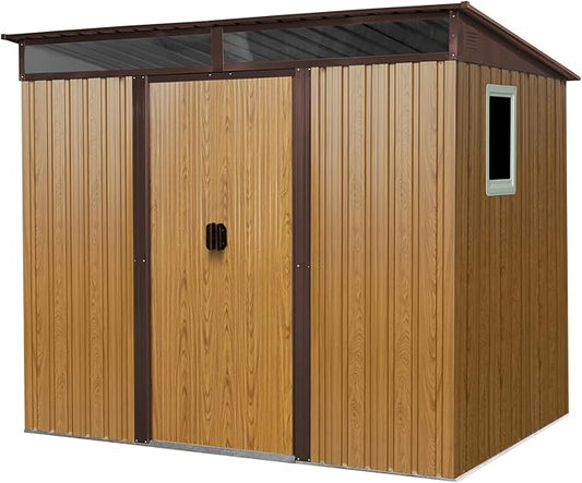 8x6 FT Outdoor Metal Storage Shed with Window, Lockable Sliding Doors and Transparent Plate - Patio Shed for Backyard, Garden, Lawn (Coffee)