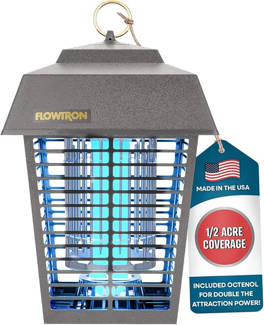 Flowtron Electric Bug Zapper 1/2 Acre Outdoor Insect Control with Dual Lure Method, 15W UV Light & Octenol Attractant for Fly & Mosquito, 5600V Kill Grid, Made in USA, UL Certified - Grey Color