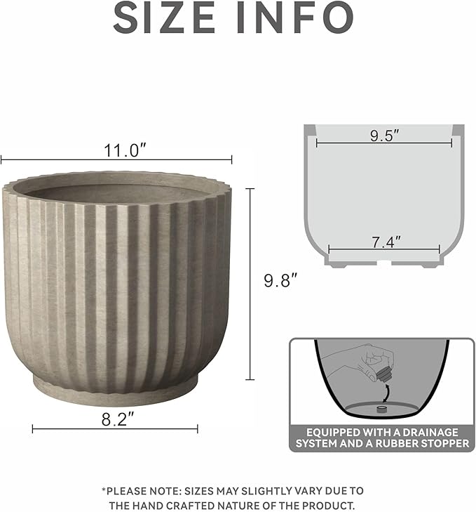 Kante Round Fulted Planter, 11 Inch Dia Large Concrete Plant Pots with Drainage Hole and Rubber Plug, Modern Decor for Indoor Outdoor Plants, Flower, Weathered Concrete
