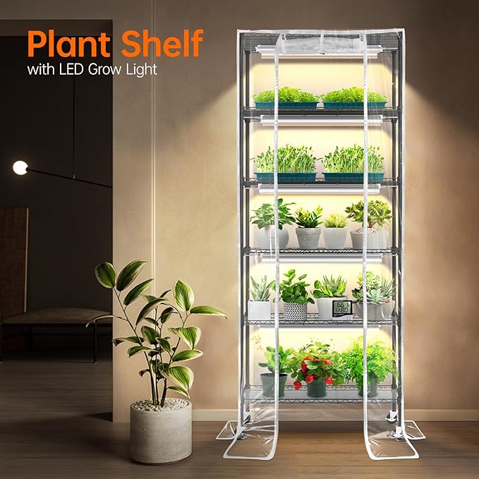 Plant Shelf with Grow Light, Grow Light Shelf with Cover and Thermometer, 6 Tier Plant Stand with Grow Light , Greenhouse with 150W Led Grow Light For Seed Starting , Tray (29.5"L×13.8"W×70"H)