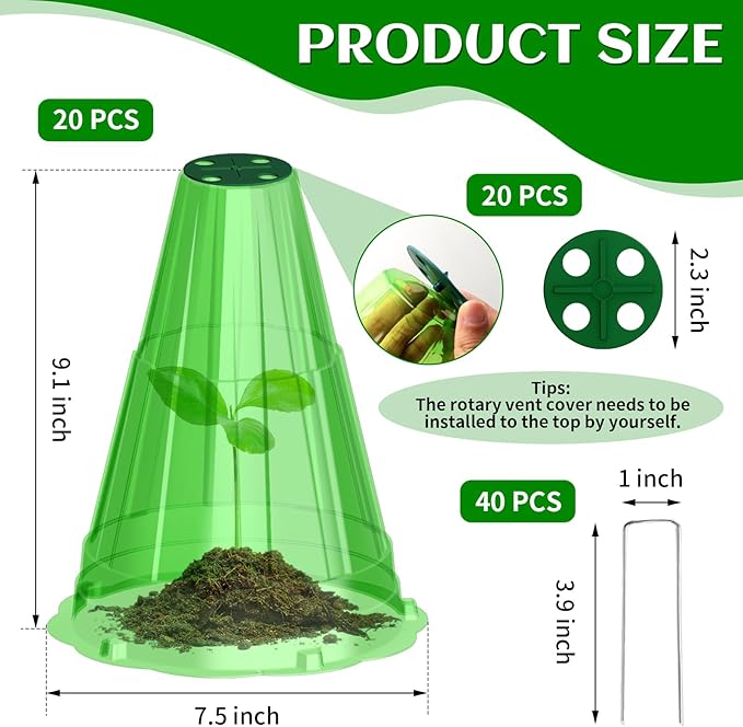 Garden Cloches for Plants, 20 Pack Garden Cloche with Rotary Vent, Reusable Bell Plant Covers with 40Pcs Ground Stakes, Plant Cloche Protectors from Animals Snails Birds Chickens, 7.9" H X 6.7" D