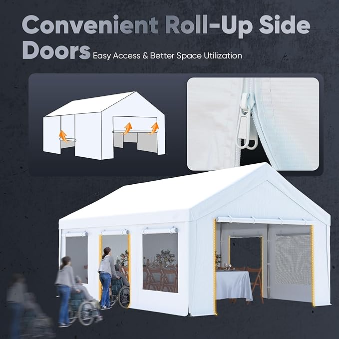 Quictent Heavy Duty 12x20 ft Carports with Side Zipper Doors & Snowproof Steel Cables & Ventilated Windows, Waterproof Storage Shelter for Car, Boat, RV, Outdoor Equipment, White
