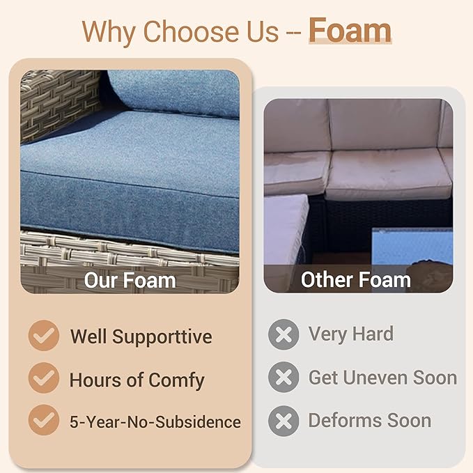 HOOOWOOO Outdoor Patio Furniture Set,8 Pieces Wicker Out Door Sectional Furniture L Shaped Couch,Patio Conversation Sets with Swivel Rocking Chair LED Table,Denim Blue