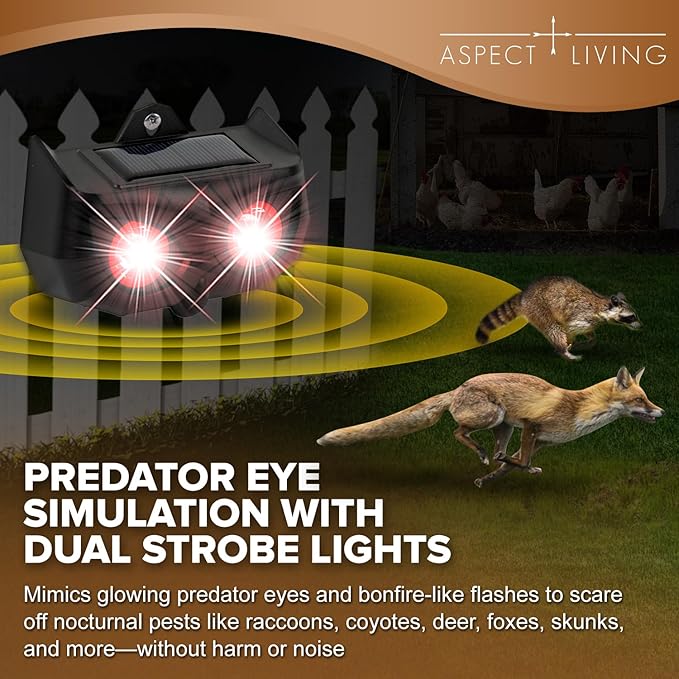 4 Pack Solar Animal Repellent Outdoor, Waterproof Predator Lights with Flashing Red LEDs, Effective Deer, Raccoon, Skunk, Coyote, Fox & Cat Deterrent for Yard, Garden, Farm & Chicken Coop
