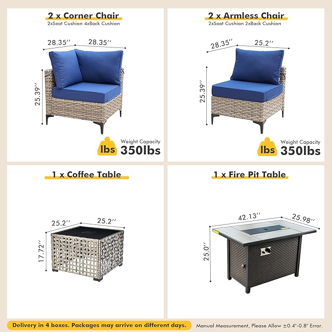 Outdoor Sectional Patio Furniture Set with Fire Pit Table and Glowing Table,6 Pieces Wicker Conversation Sets L Shaped Couch Out Door Sofa Set Outside Furniture for Garden Deck Yard,Navy Blue