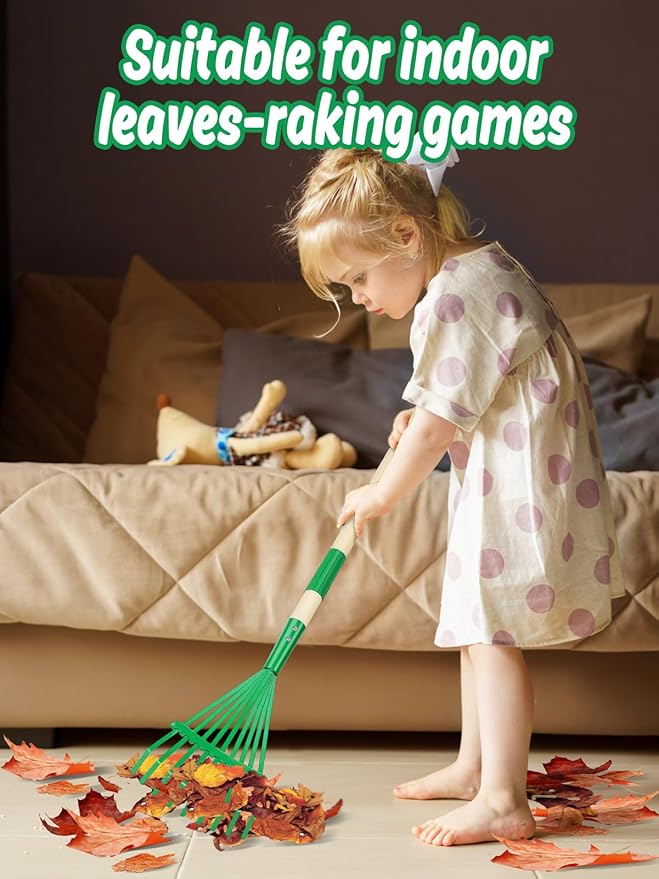 Kids Friendly Rakes for Leaves - 28" Child Size Small Rake with Durable Metal Head & Hardwood Handle, Real Lawn Garden Yard Tools for 3+ Years Kids Enjoy Helping Work Gifts (Green)