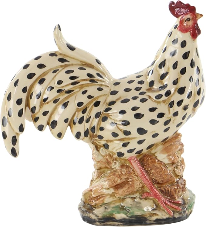 Deco 79 Ceramic Rooster Decorative Garden Sculpture Spotted Indoor Outdoor Garden Statue with Black and Red Accents, Outdoor Sculpture 13" x 6" x 14", Beige
