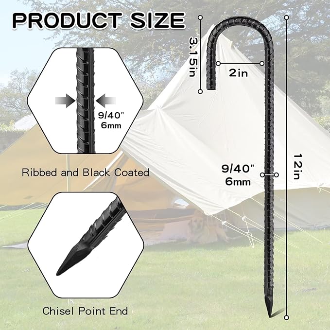 Black Rebar Stakes 12inx6mm Galvanized J Hook 6pcs – Heavy Duty Ground Tent Stakes for Fence,Bounce House,Outdoor Plants,Artificial Turf,Dog Coop,Metal Stakes for Christmas Decorations