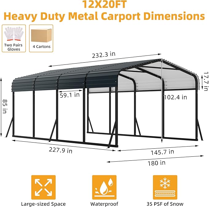 12' X 20' X 8.5' Heavy Duty Metal Carport with Galvanized Roof, Weatherproof Car Garage Shelter, All-Weather Permanent Cover for Cars/Trucks/Boats/Tractors