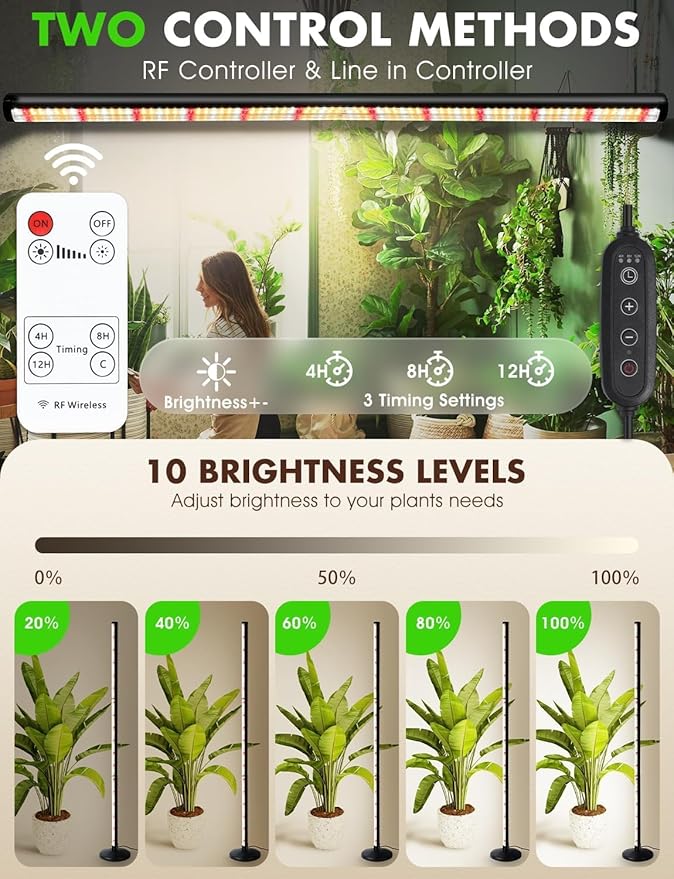 57 Inch Grow Lights for Indoor Plants: 36W, 6000K, 280 LEDs Full Spectrum Plant Lights for Seed Starting with Timer, 10 Level Dimmable Standing Plant Growing Lamp for Greenhouse with Hanging Accessory