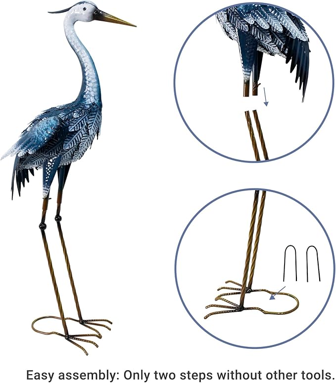 33 Inch Crane Statue for Garden Decorations, Metal Heron Yard Art, Outdoor Decor for Patio, Pond, and Backyard, Blue