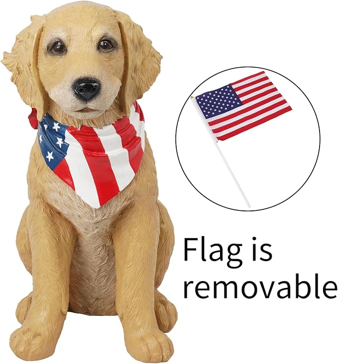 Cynkeyee Outdoor Garden Decor Dog Statue - Large Resin Puppy with American Flag Statues Sculpture for Outside Yard Lawn Home Decor Americana Patriotic Decorations 12.5x8.5x13.5 Inch